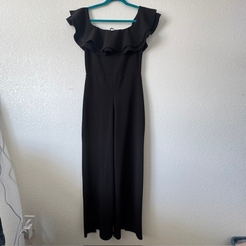 Ruffle Jumpsuit Women Medium Black Off-Shoulder Wide Leg Business Romper